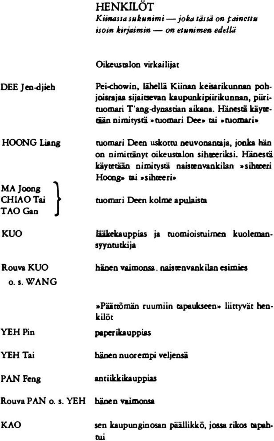 Hänestä käyrerään nimitystä naiseenvankilan sihaeeri Hoong tai sihreeri tuomari Oeen kolme apula.ism lääkekauppias ja tuomioistuimen kuolemansyyntutkija hänen vaimonsa.