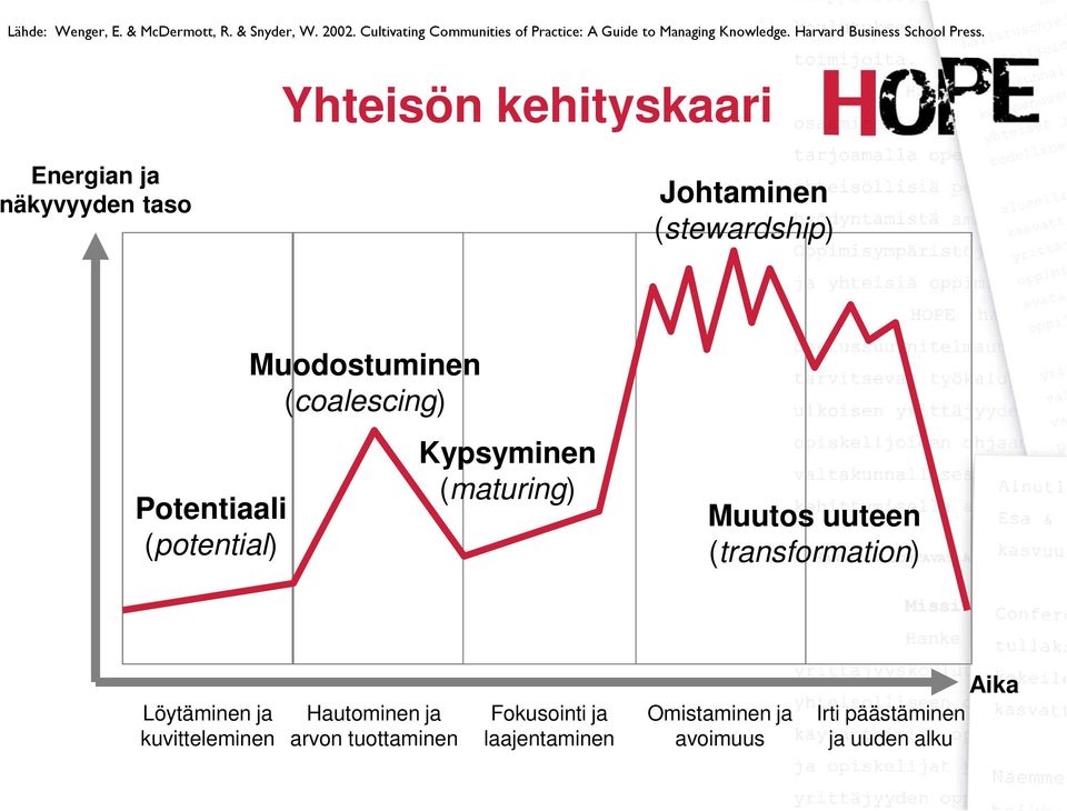 Yhteisön kehityskaari Energian ja näkyvyyden taso Johtaminen (stewardship) Potentiaali (potential) Muodostuminen