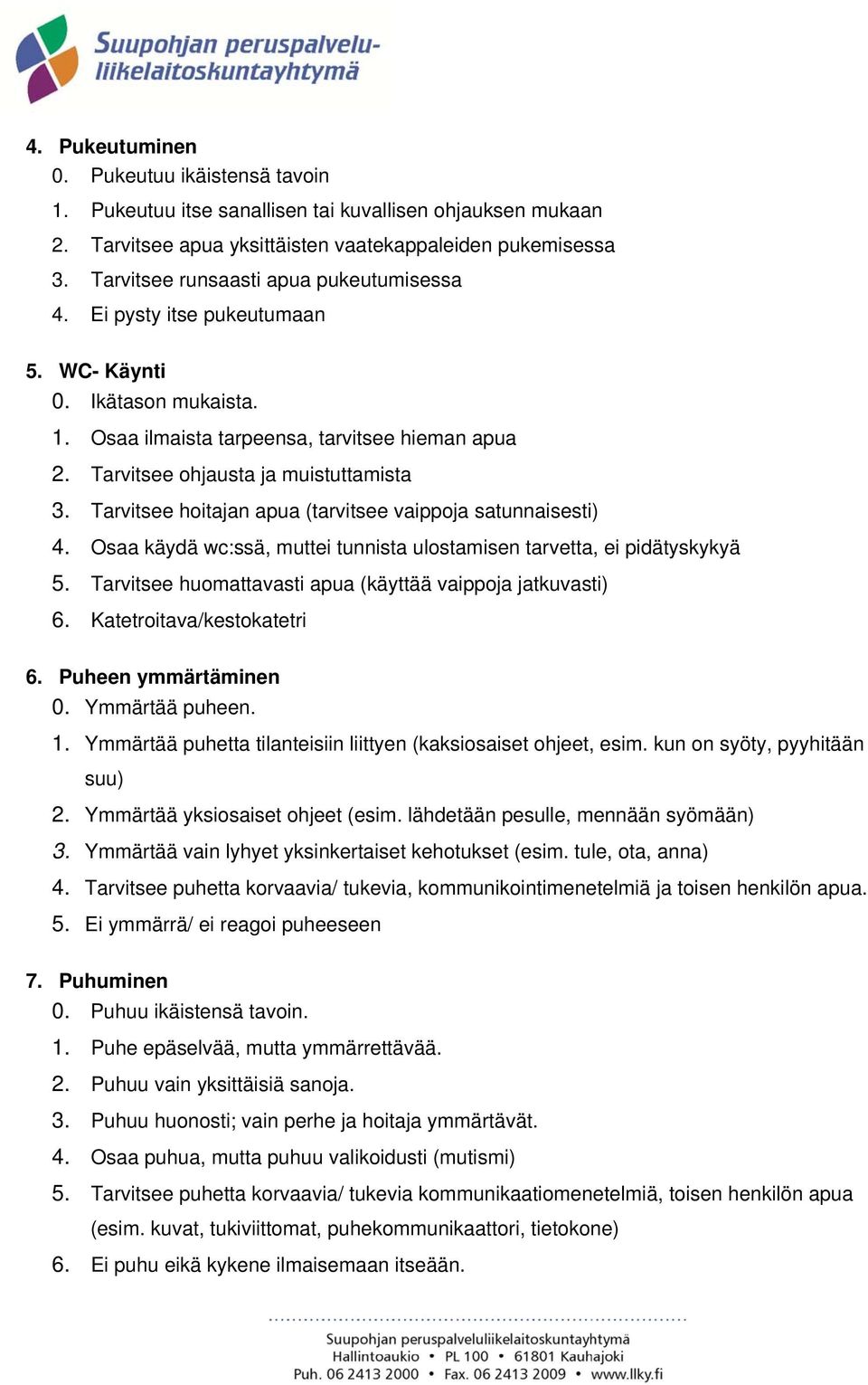 Tarvitsee hoitajan apua (tarvitsee vaippoja satunnaisesti) 4. Osaa käydä wc:ssä, muttei tunnista ulostamisen tarvetta, ei pidätyskykyä 5. Tarvitsee huomattavasti apua (käyttää vaippoja jatkuvasti) 6.