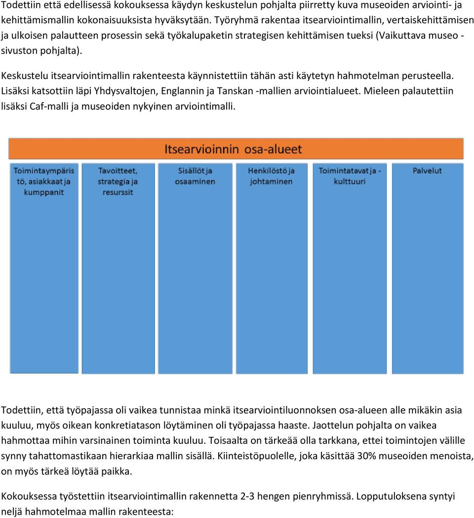 Keskustelu itsearviointimallin rakenteesta käynnistettiin tähän asti käytetyn hahmotelman perusteella. Lisäksi katsottiin läpi Yhdysvaltojen, Englannin ja Tanskan -mallien arviointialueet.