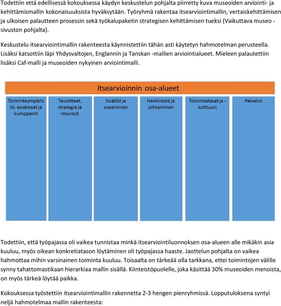 Keskustelu itsearviointimallin rakenteesta käynnistettiin tähän asti käytetyn hahmotelman perusteella. Lisäksi katsottiin läpi Yhdysvaltojen, Englannin ja Tanskan -mallien arviointialueet.