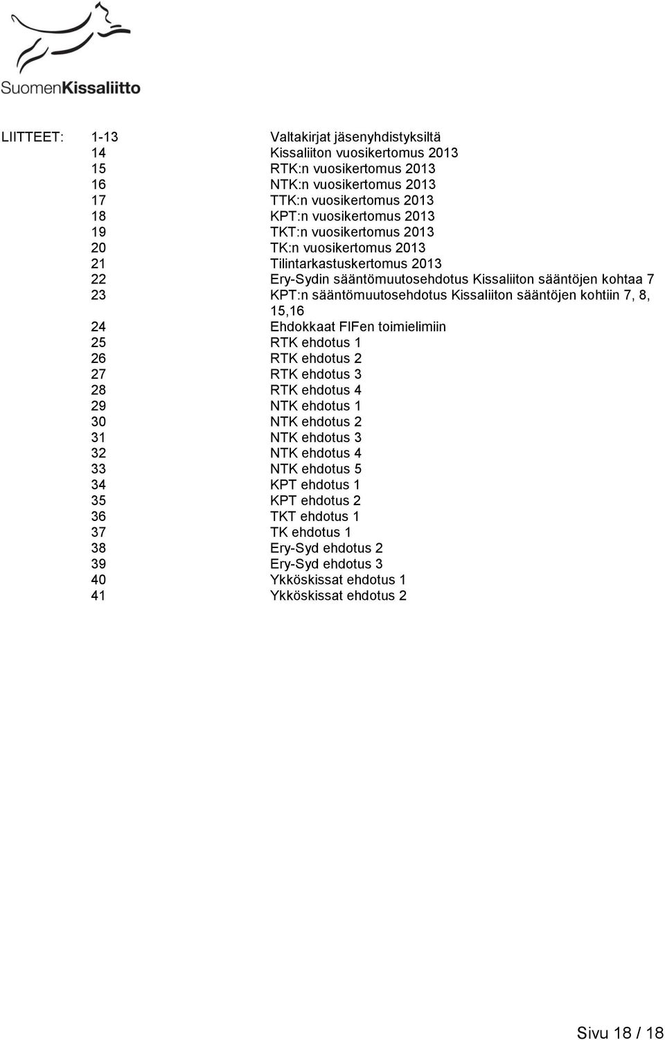 sääntöjen kohtiin 7, 8, 15,16 24 Ehdokkaat FIFen toimielimiin 25 RTK ehdotus 1 26 RTK ehdotus 2 27 RTK ehdotus 3 28 RTK ehdotus 4 29 NTK ehdotus 1 30 NTK ehdotus 2 31 NTK ehdotus 3 32 NTK