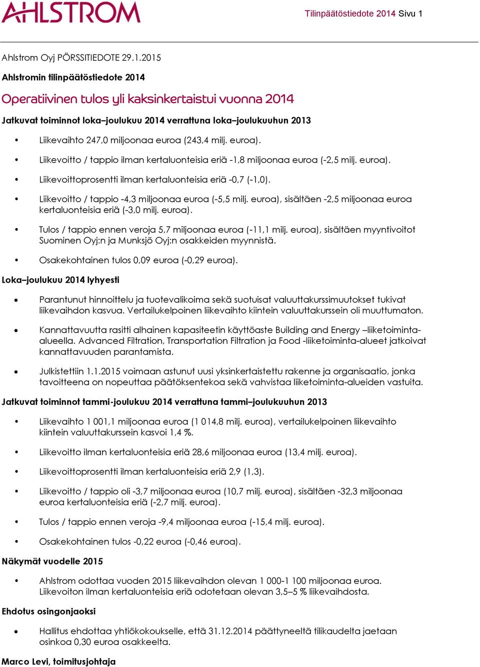 Ahlstrom Oyj PÖRSSITIEDOTE 29.1.