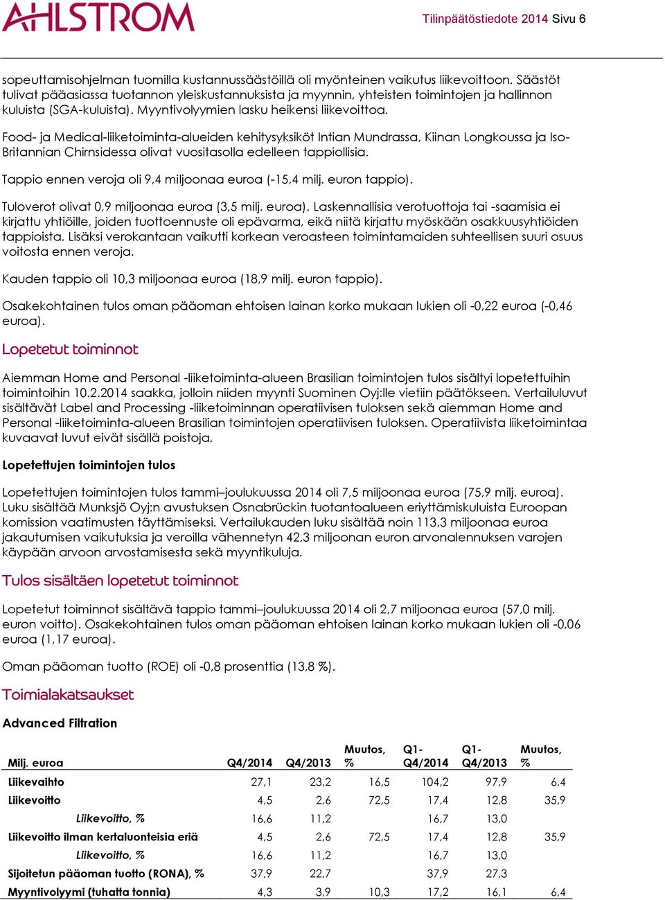 Food- ja Medical-liiketoiminta-alueiden kehitysyksiköt Intian Mundrassa, Kiinan Longkoussa ja Iso- Britannian Chirnsidessa olivat vuositasolla edelleen tappiollisia.