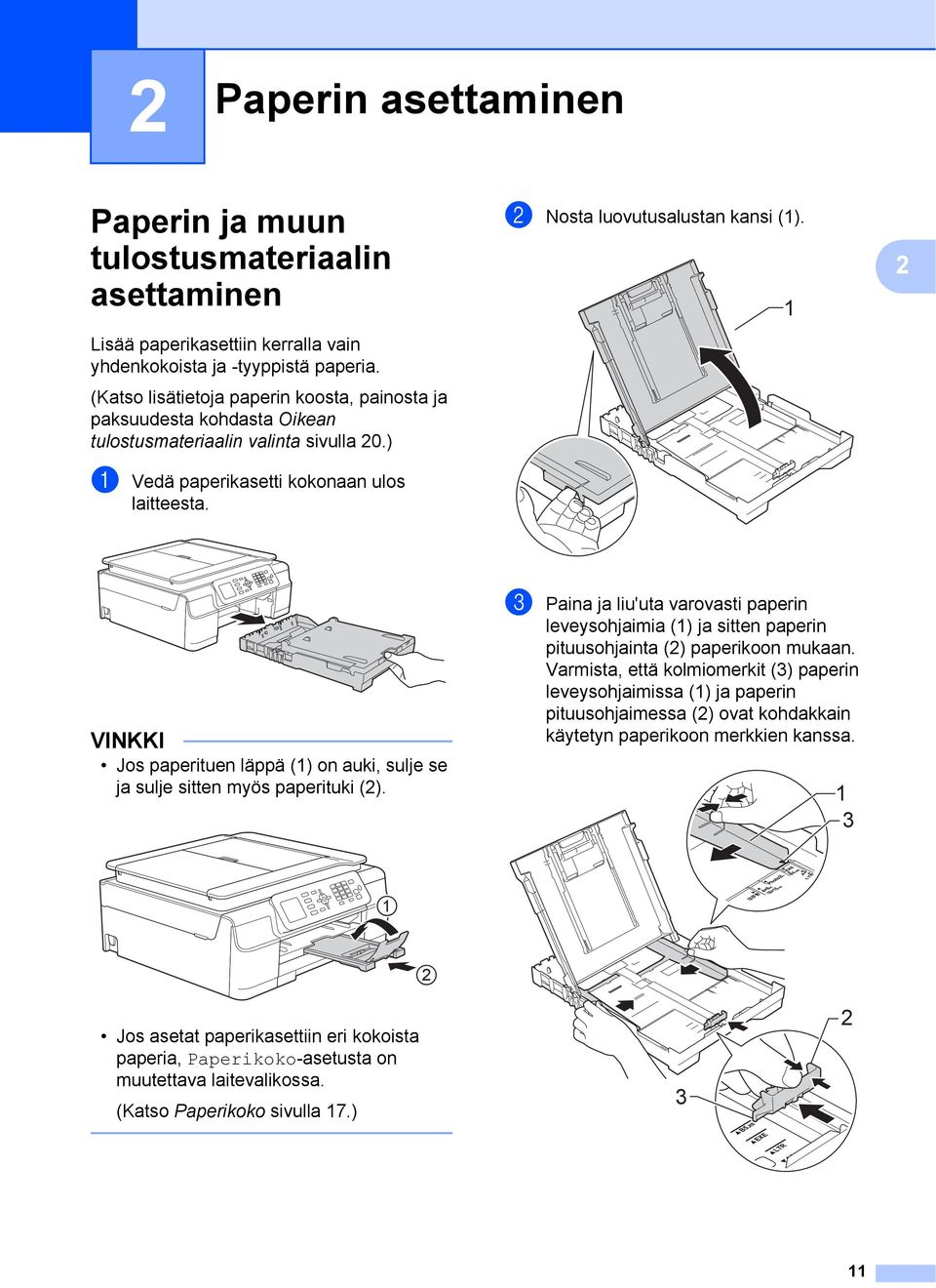 1 2 VINKKI Jos paperituen läppä (1) on auki, sulje se ja sulje sitten myös paperituki (2).