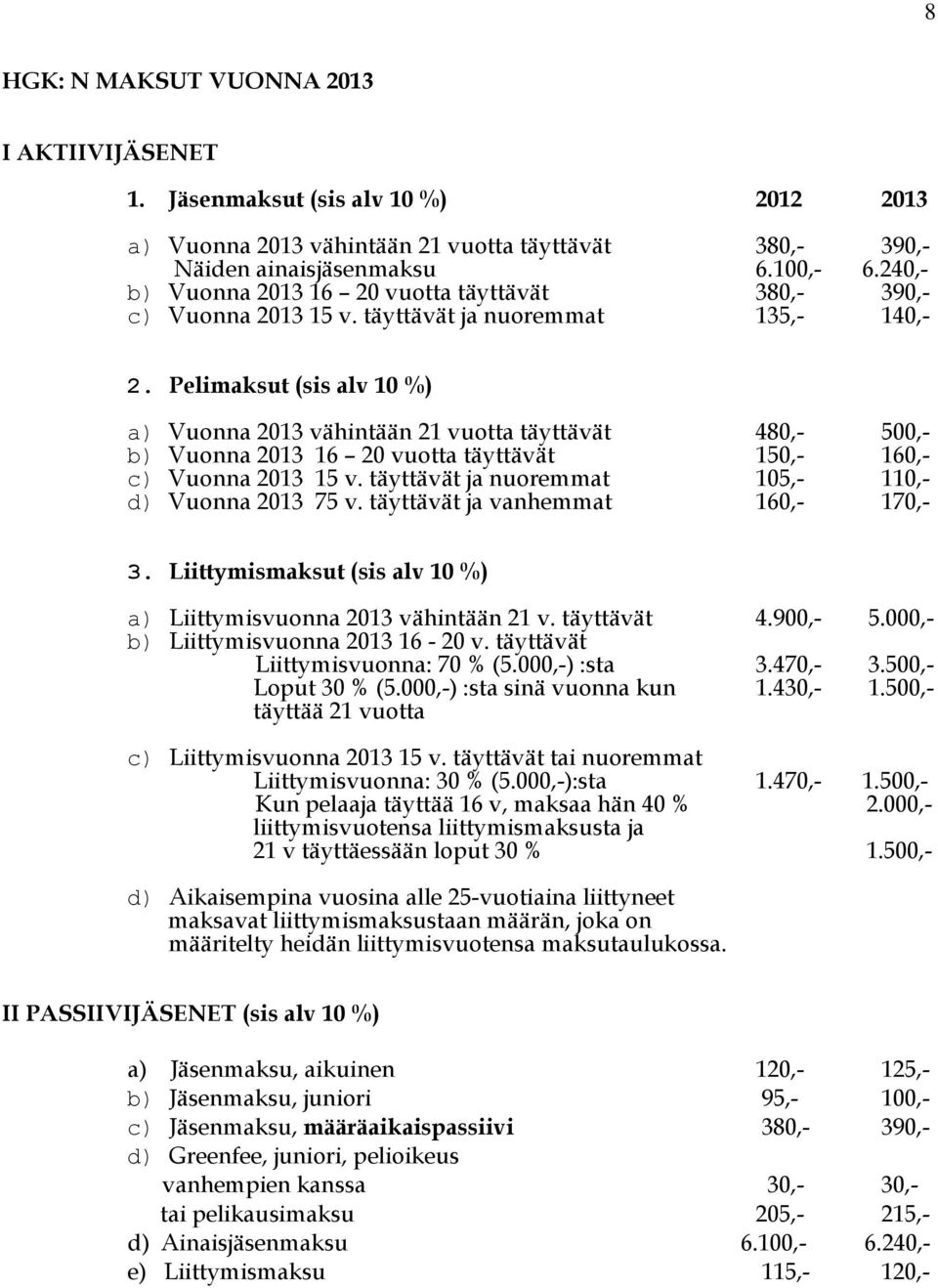 Pelimaksut (sis alv 10 %) a) Vuonna 2013 vähintään 21 vuotta täyttävät 480,- 500,- b) Vuonna 2013 16 20 vuotta täyttävät 150,- 160,- c) Vuonna 2013 15 v.