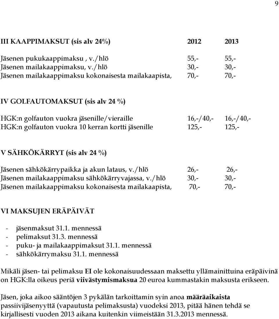 kerran kortti jäsenille 125,- 125,- V SÄHKÖKÄRRYT (sis alv 24 %) Jäsenen sähkökärrypaikka ja akun lataus, v./hlö 26,- 26,- Jäsenen mailakaappimaksu sähkökärryvajassa, v.