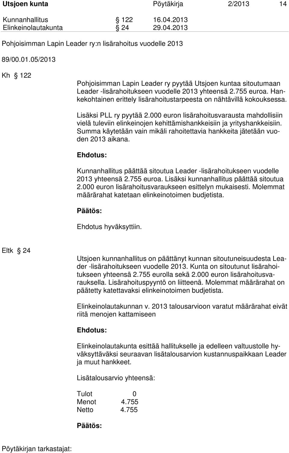 000 euron lisärahoitusvarausta mahdollisiin vielä tuleviin elinkeinojen kehittämishankkeisiin ja yrityshankkeisiin. Summa käytetään vain mikäli rahoitettavia hankkeita jätetään vuoden 2013 aikana.