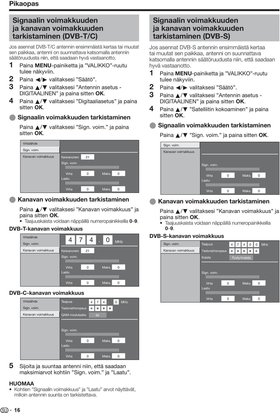 Paina a/b valitaksesi Antennin asetus - DIGITAALINEN ja paina sitten OK. Paina a/b valitaksesi Digitaaliasetus ja paina sitten OK. Signaalin voimakkuuden tarkistaminen Paina a/b valitaksesi Sign.