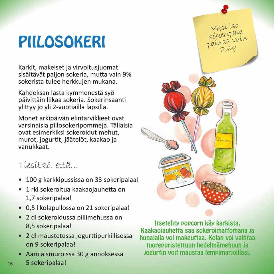 Testkö, että 16 100 g krkkpussss o 33 sokerpl! 1 rkl sokerotu kkojuhett o 1,7 sokerpl! 0,5 l kolpulloss o 21 sokerpl! 2 dl sokeroduss pllmehuss o Itsetehty popcor käy krkst.