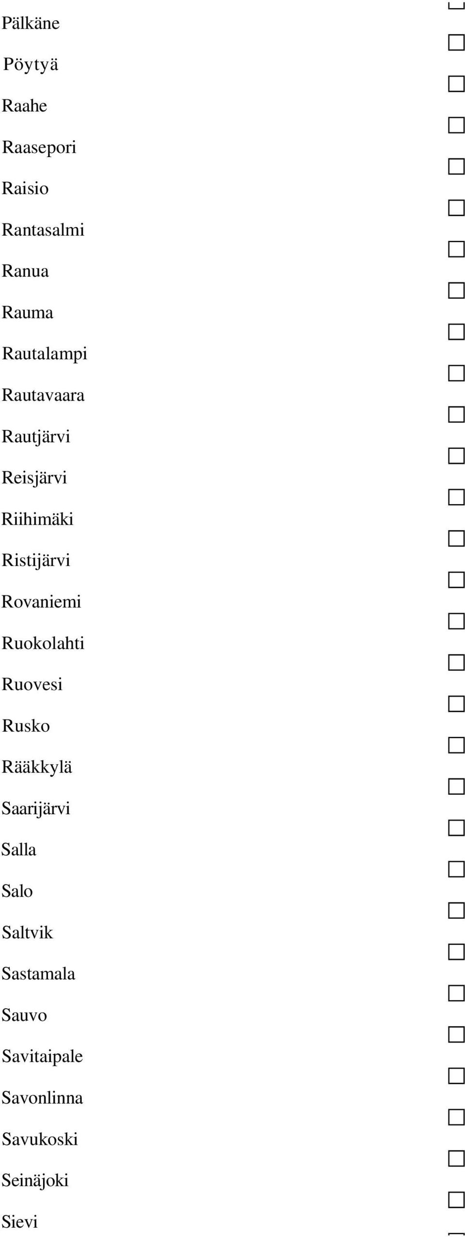 Rovaniemi Ruokolahti Ruovesi Rusko Rääkkylä Saarijärvi Salla Salo