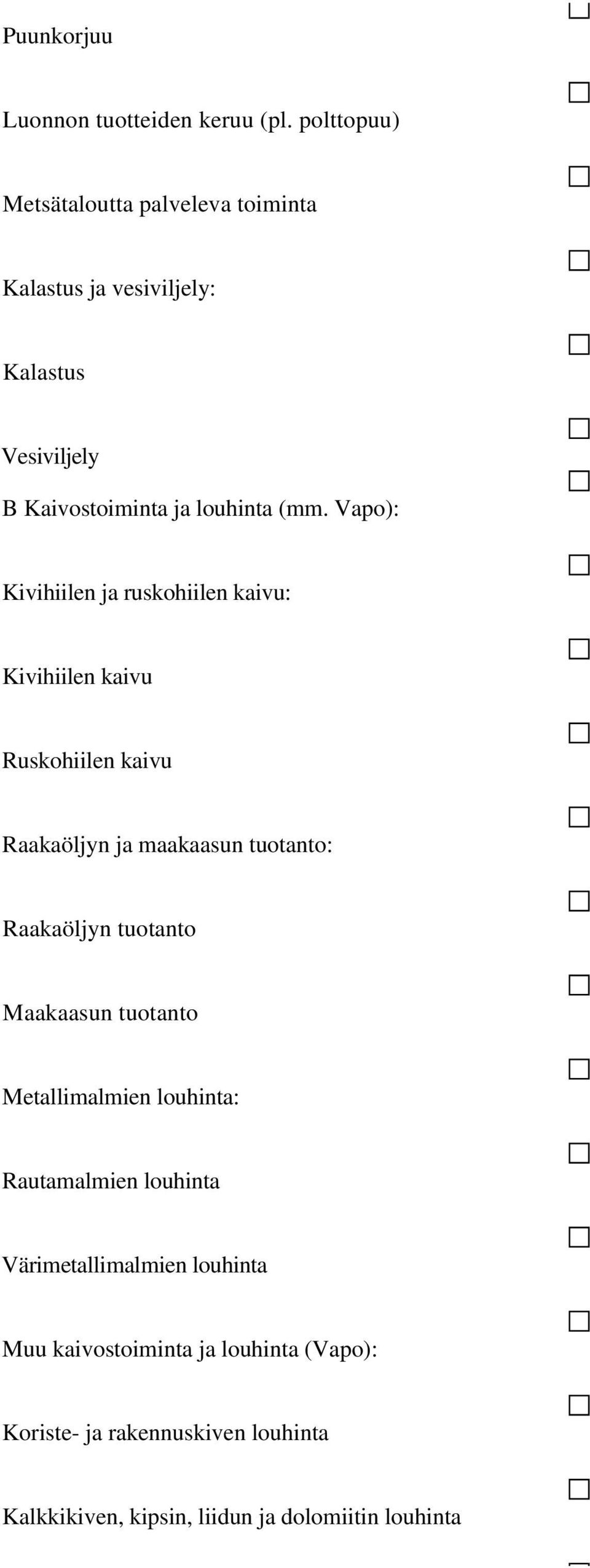 Vapo): Kivihiilen ja ruskohiilen kaivu: Kivihiilen kaivu Ruskohiilen kaivu Raakaöljyn ja maakaasun tuotanto: Raakaöljyn