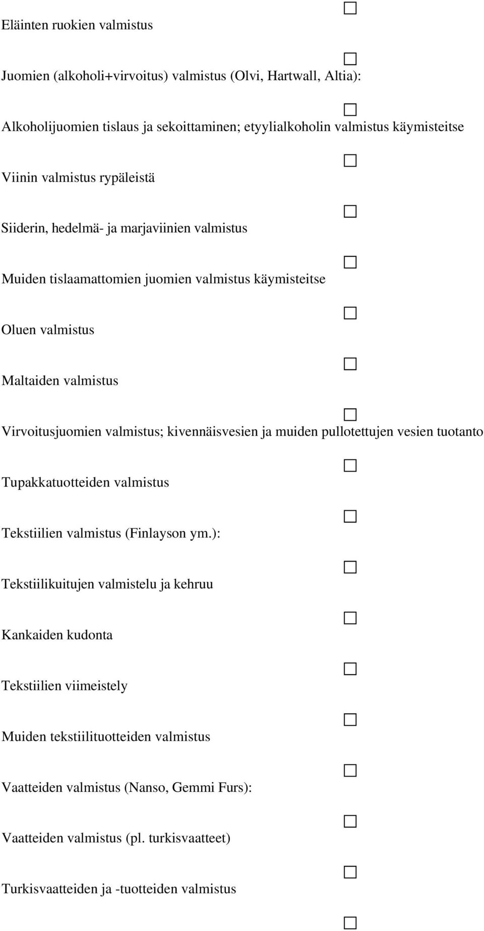 valmistus; kivennäisvesien ja muiden pullotettujen vesien tuotanto Tupakkatuotteiden valmistus Tekstiilien valmistus (Finlayson ym.