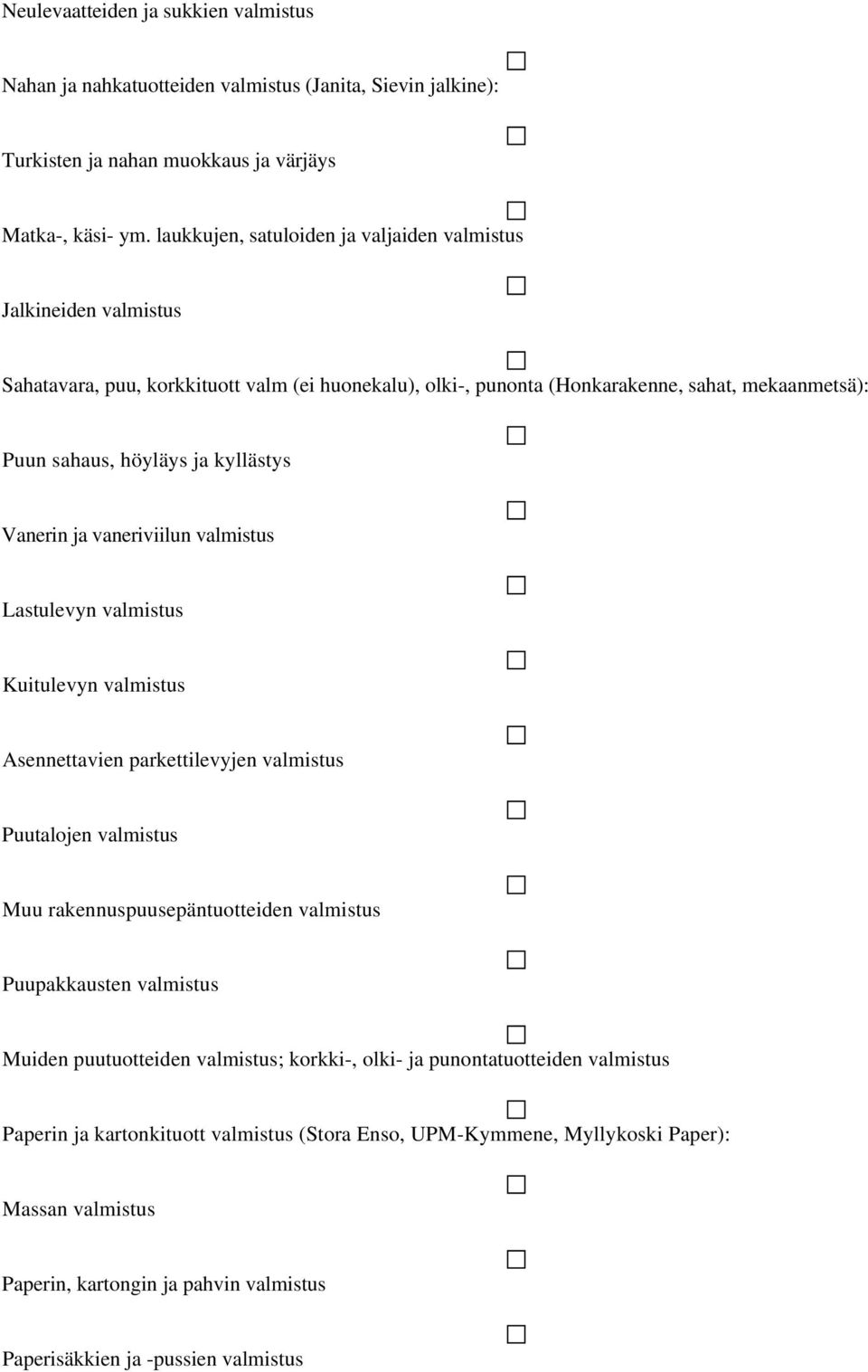 kyllästys Vanerin ja vaneriviilun valmistus Lastulevyn valmistus Kuitulevyn valmistus Asennettavien parkettilevyjen valmistus Puutalojen valmistus Muu rakennuspuusepäntuotteiden valmistus