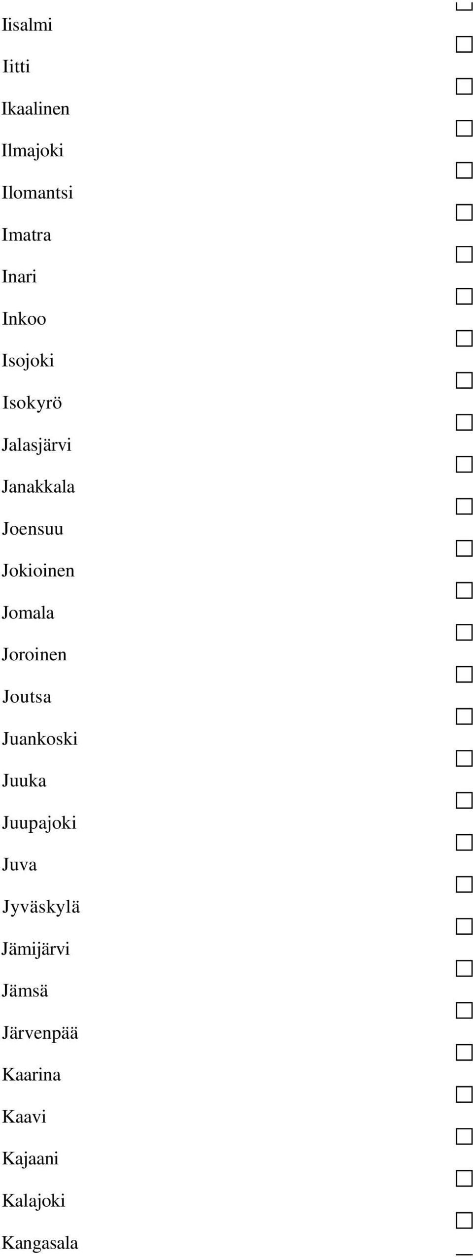 Joroinen Joutsa Juankoski Juuka Juupajoki Juva Jyväskylä