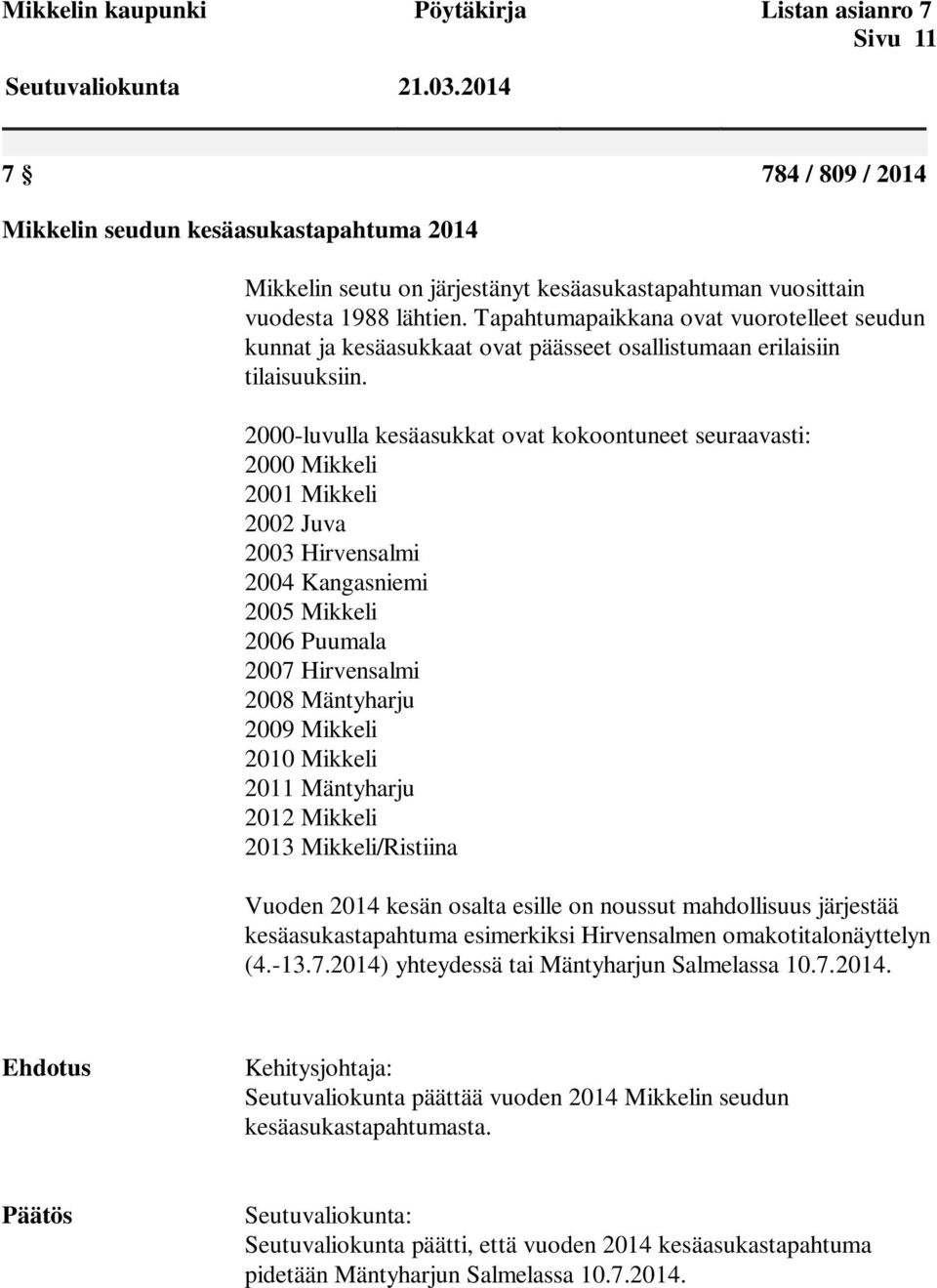 Tapahtumapaikkana ovat vuorotelleet seudun kunnat ja kesäasukkaat ovat päässeet osallistumaan erilaisiin tilaisuuksiin.