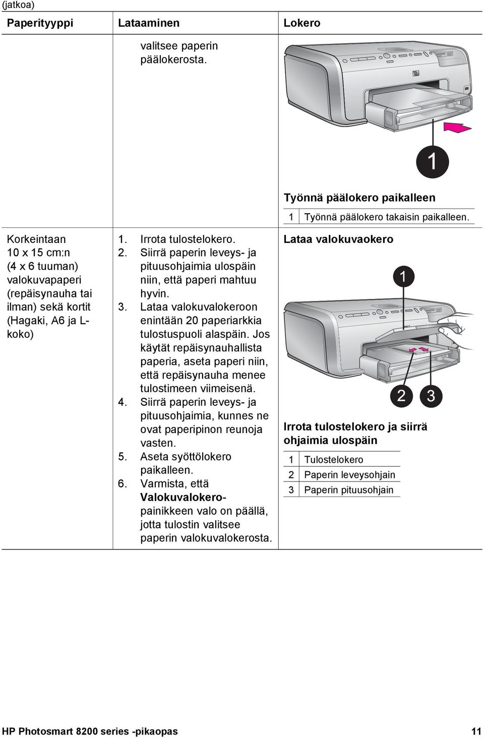 Siirrä paperin leveys- ja pituusohjaimia ulospäin niin, että paperi mahtuu hyvin. 3. Lataa valokuvalokeroon enintään 20 paperiarkkia tulostuspuoli alaspäin.