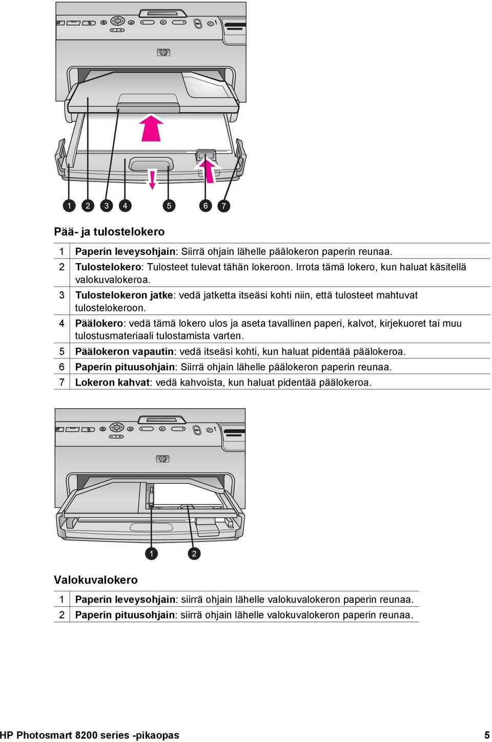 4 Päälokero: vedä tämä lokero ulos ja aseta tavallinen paperi, kalvot, kirjekuoret tai muu tulostusmateriaali tulostamista varten.