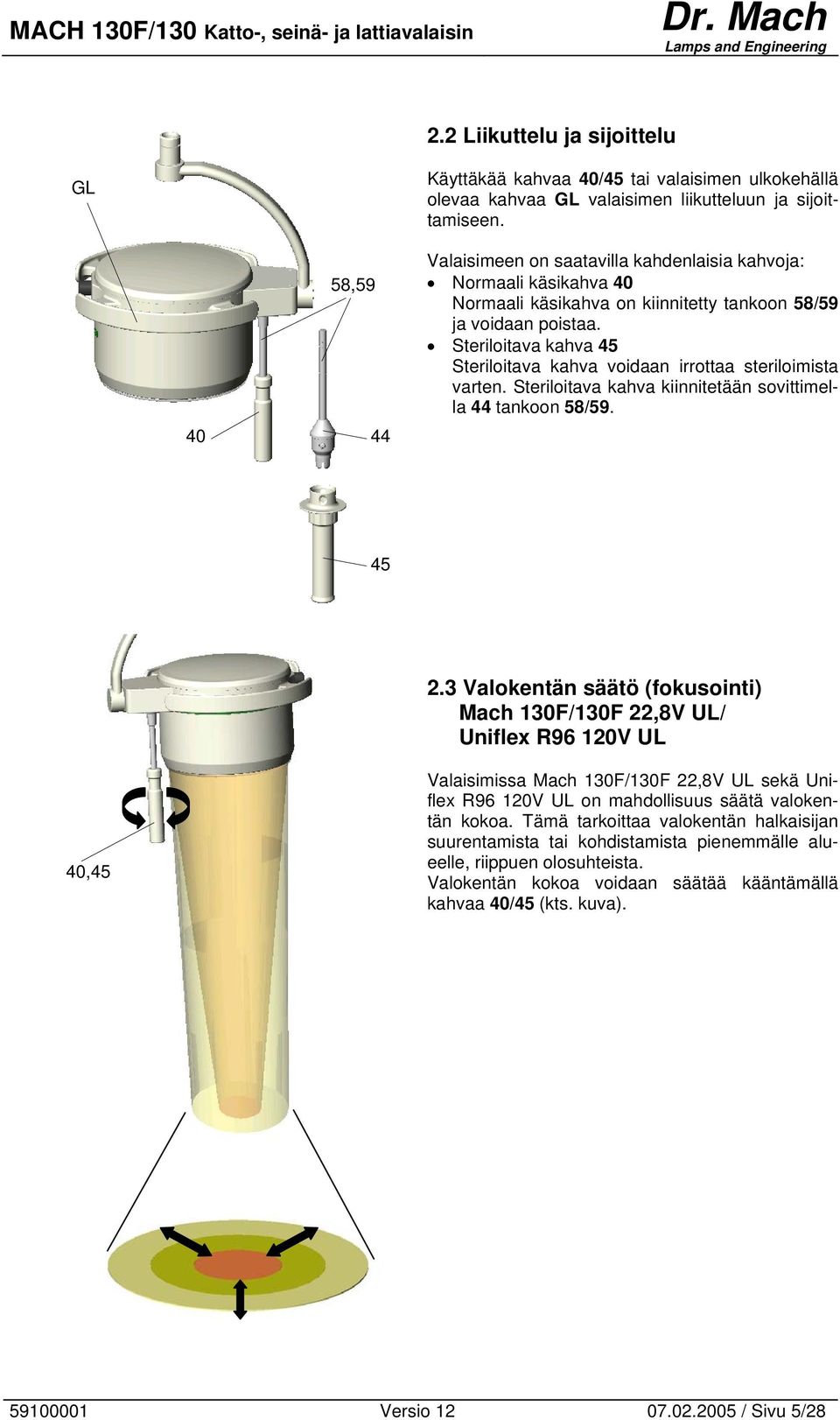Steriloitava kahva 45 Steriloitava kahva voidaan irrottaa steriloimista varten. Steriloitava kahva kiinnitetään sovittimella 44 tankoon 58/59. 45 2.