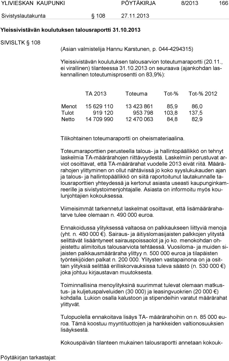 2013 on seuraava (ajankoh dan lasken nal li nen toteutumisprosentti on 83,9%): TA 2013 Toteuma Tot-% Tot-% 2012 Menot 15 629 110 13 423 861 85,9 86,0 Tulot 919 120 953 798 103,8 137,5 Netto 14 709