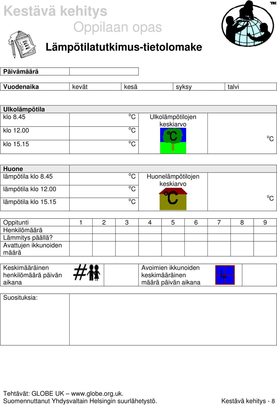 15 o C o C o C Huonelämpötilojen keskiarvo o C Oppitunti 1 2 3 4 5 6 7 8 9 Henkilömäärä Lämmitys päällä?