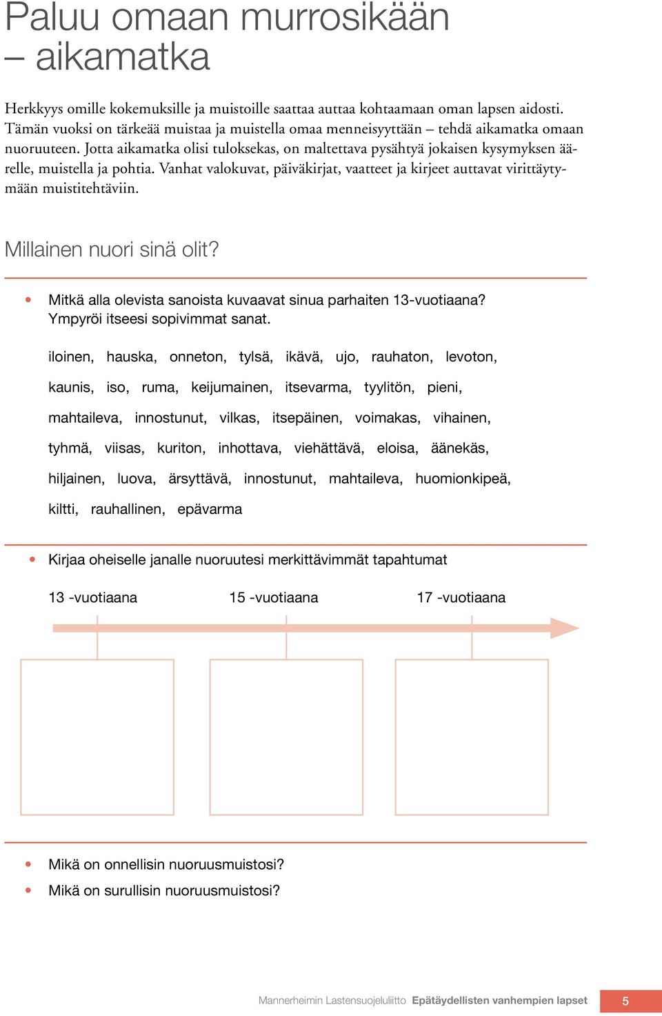 Jotta aikamatka olisi tuloksekas, on maltettava pysähtyä jokaisen kysymyksen äärelle, muistella ja pohtia. Vanhat valokuvat, päiväkirjat, vaatteet ja kirjeet auttavat virittäytymään muistitehtäviin.