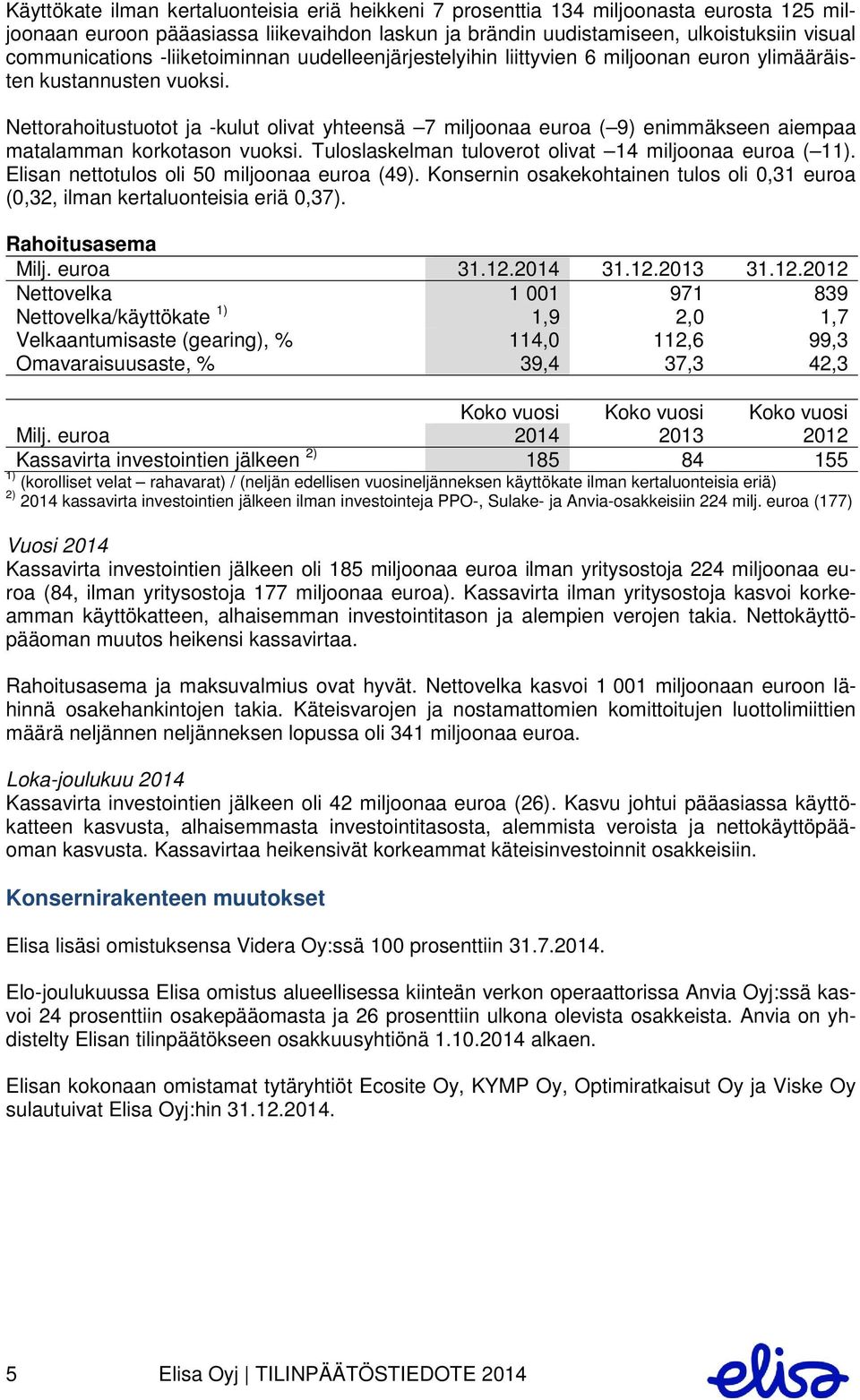 Nettorahoitustuotot ja -kulut olivat yhteensä 7 miljoonaa euroa ( 9) enimmäkseen aiempaa matalamman korkotason vuoksi. Tuloslaskelman tuloverot olivat 14 miljoonaa euroa ( 11).