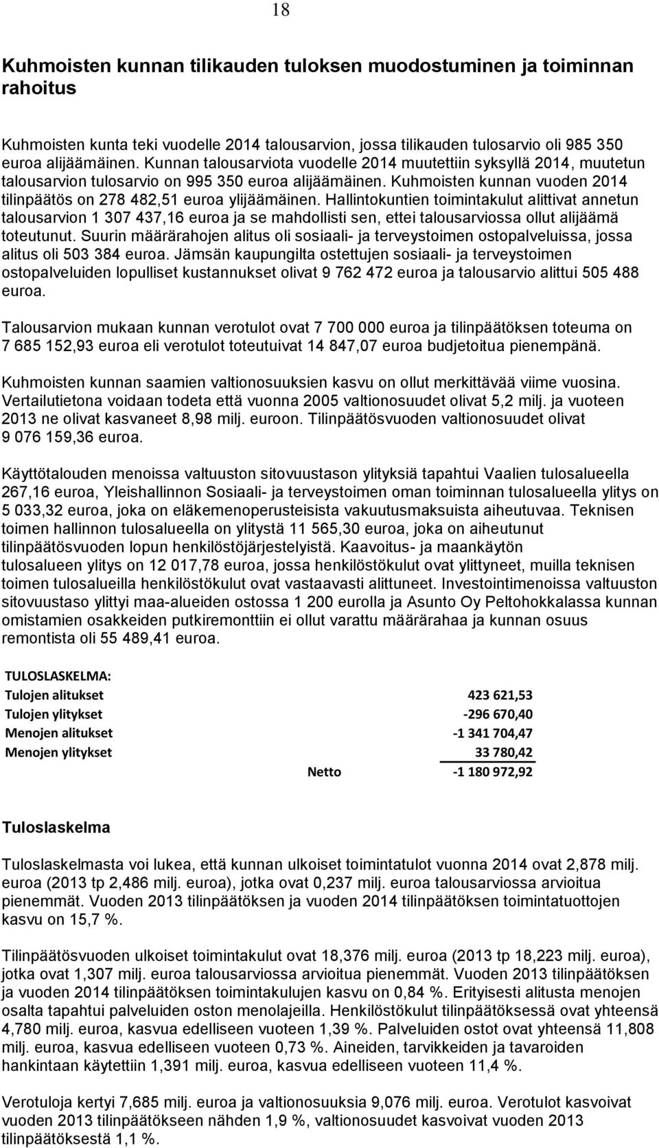 Hallintokuntien toimintakulut alittivat annetun talousarvion 1 307 437,16 euroa ja se mahdollisti sen, ettei talousarviossa ollut alijäämä toteutunut.