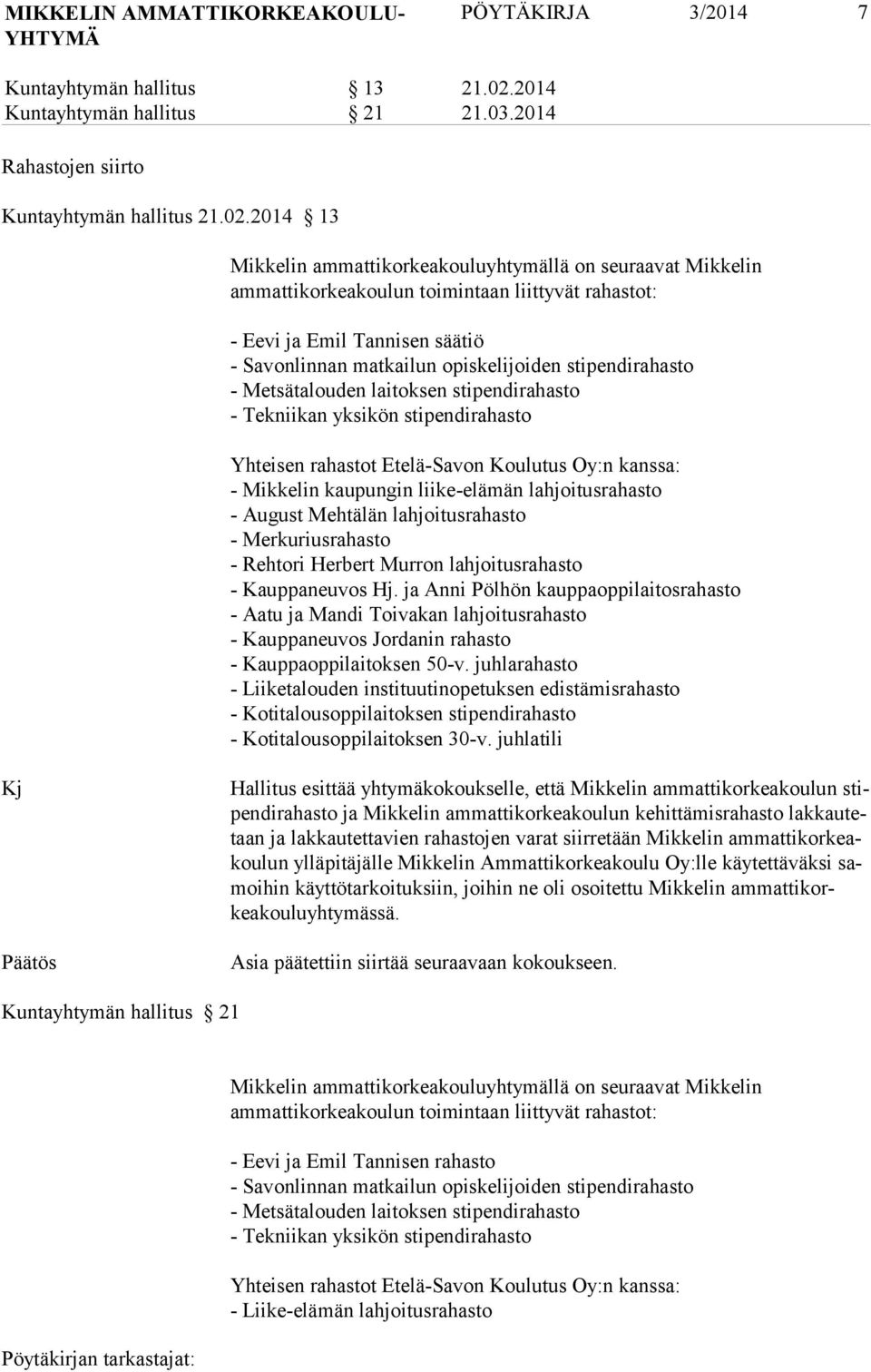 2014 13 Mikkelin ammattikorkeakouluyhtymällä on seuraavat Mikkelin ammattikorkeakoulun toimintaan liittyvät rahastot: - Eevi ja Emil Tannisen säätiö - Savonlinnan matkailun opiskelijoiden