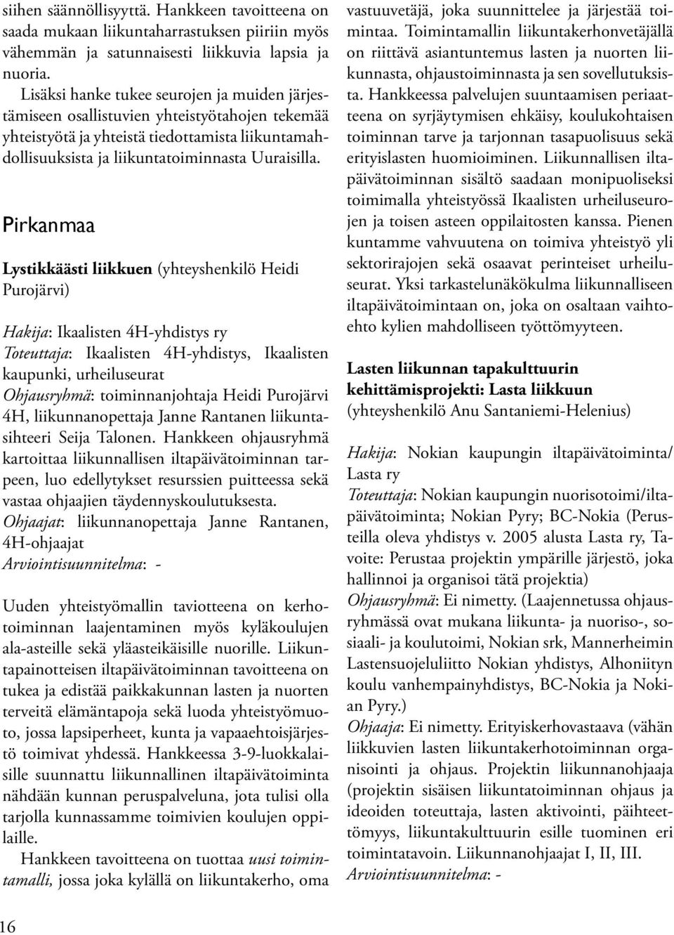 Pirkanmaa Lystikkäästi liikkuen (yhteyshenkilö Heidi Purojärvi) Hakija: Ikaalisten 4H-yhdistys ry Toteuttaja: Ikaalisten 4H-yhdistys, Ikaalisten kaupunki, urheiluseurat Ohjausryhmä: toiminnanjohtaja