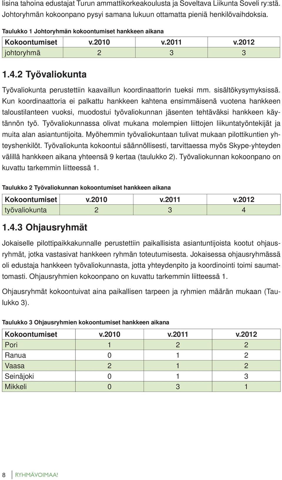 sisältökysymyksissä. Kun koordinaattoria ei palkattu hankkeen kahtena ensimmäisenä vuotena hankkeen taloustilanteen vuoksi, muodostui työvaliokunnan jäsenten tehtäväksi hankkeen käytännön työ.