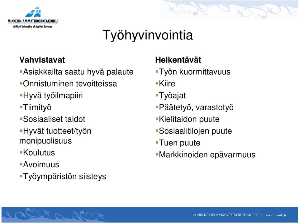 Koulutus Avoimuus Työympäristön siisteys Heikentävät Työn kuormittavuus Kiire Työajat