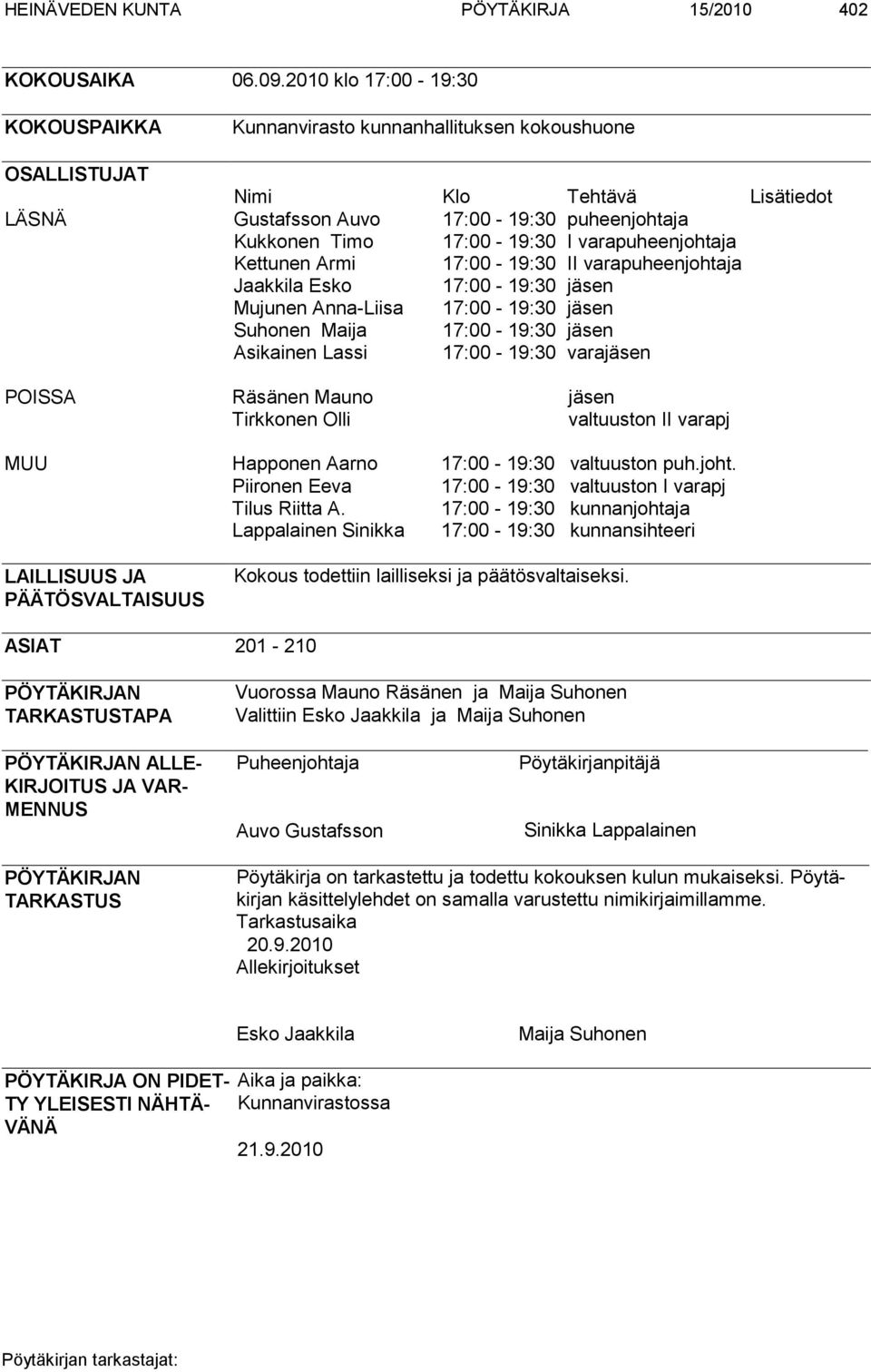 varapuheenjohtaja Kettunen Armi 17:00-19:30 II varapuheenjohtaja Jaakkila Esko 17:00-19:30 jäsen Mujunen Anna-Liisa 17:00-19:30 jäsen Suhonen Maija 17:00-19:30 jäsen Asikainen Lassi 17:00-19:30