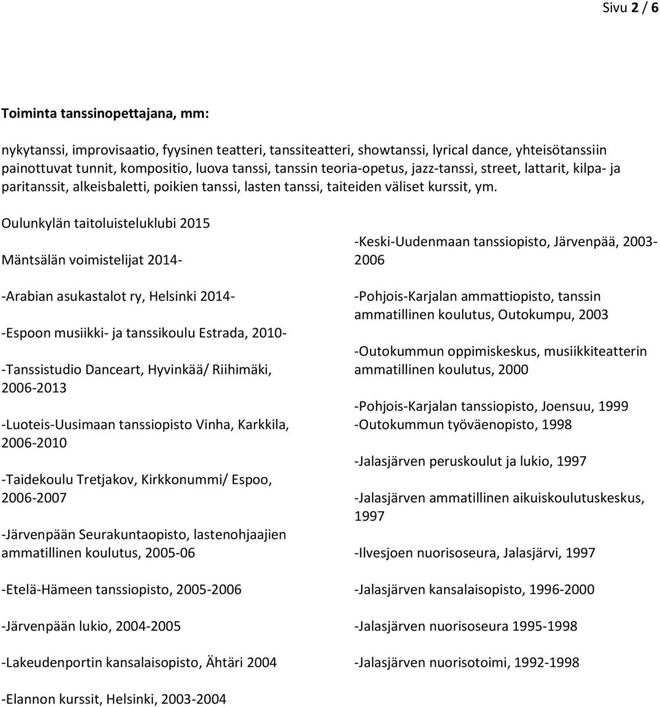 Oulunkylän taitoluisteluklubi 2015 Mäntsälän voimistelijat 2014- -Arabian asukastalot ry, Helsinki 2014- -Espoon musiikki- ja tanssikoulu Estrada, 2010- -Tanssistudio Danceart, Hyvinkää/ Riihimäki,