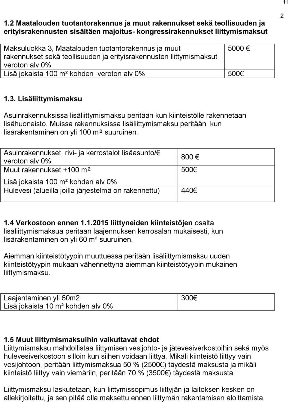 Lisäliittymismaksu Asuinrakennuksissa lisäliittymismaksu peritään kun kiinteistölle rakennetaan lisähuoneisto.