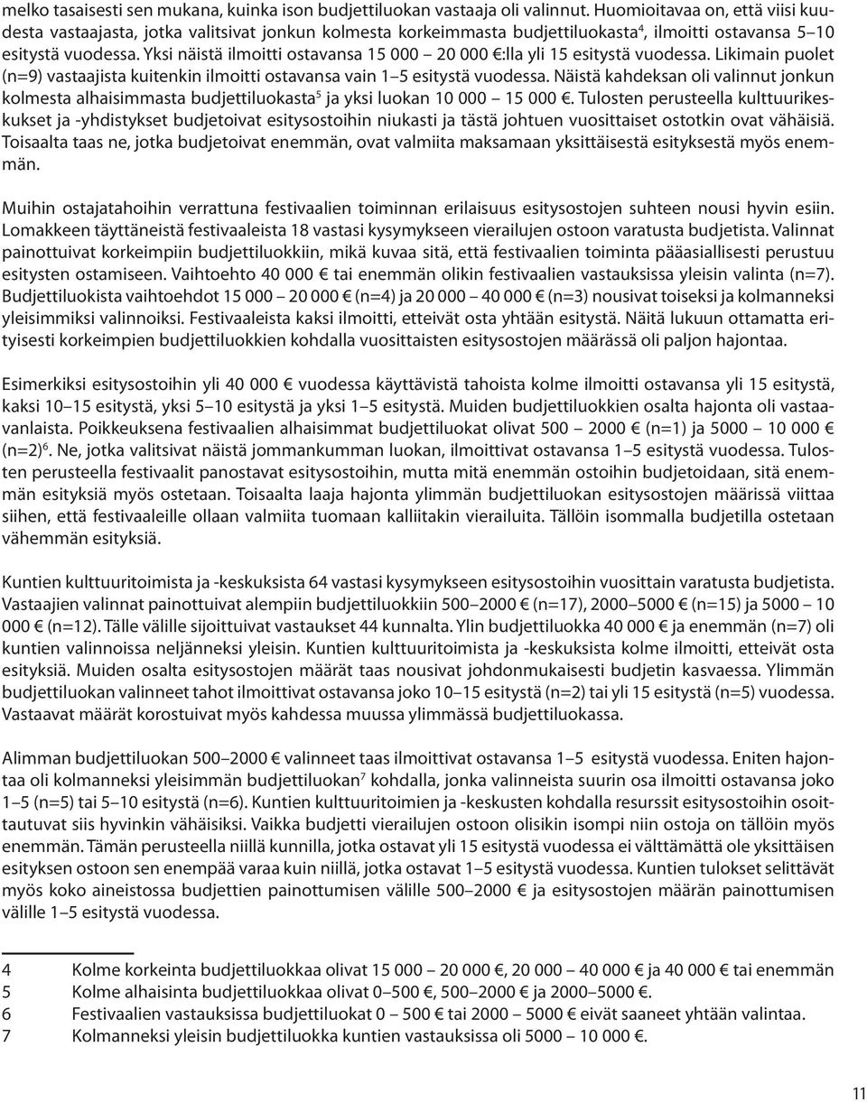 Yksi näistä ilmoitti ostavansa 15 000 20 000 :lla yli 15 esitystä vuodessa. Likimain puolet (n=9) vastaajista kuitenkin ilmoitti ostavansa vain 1 5 esitystä vuodessa.