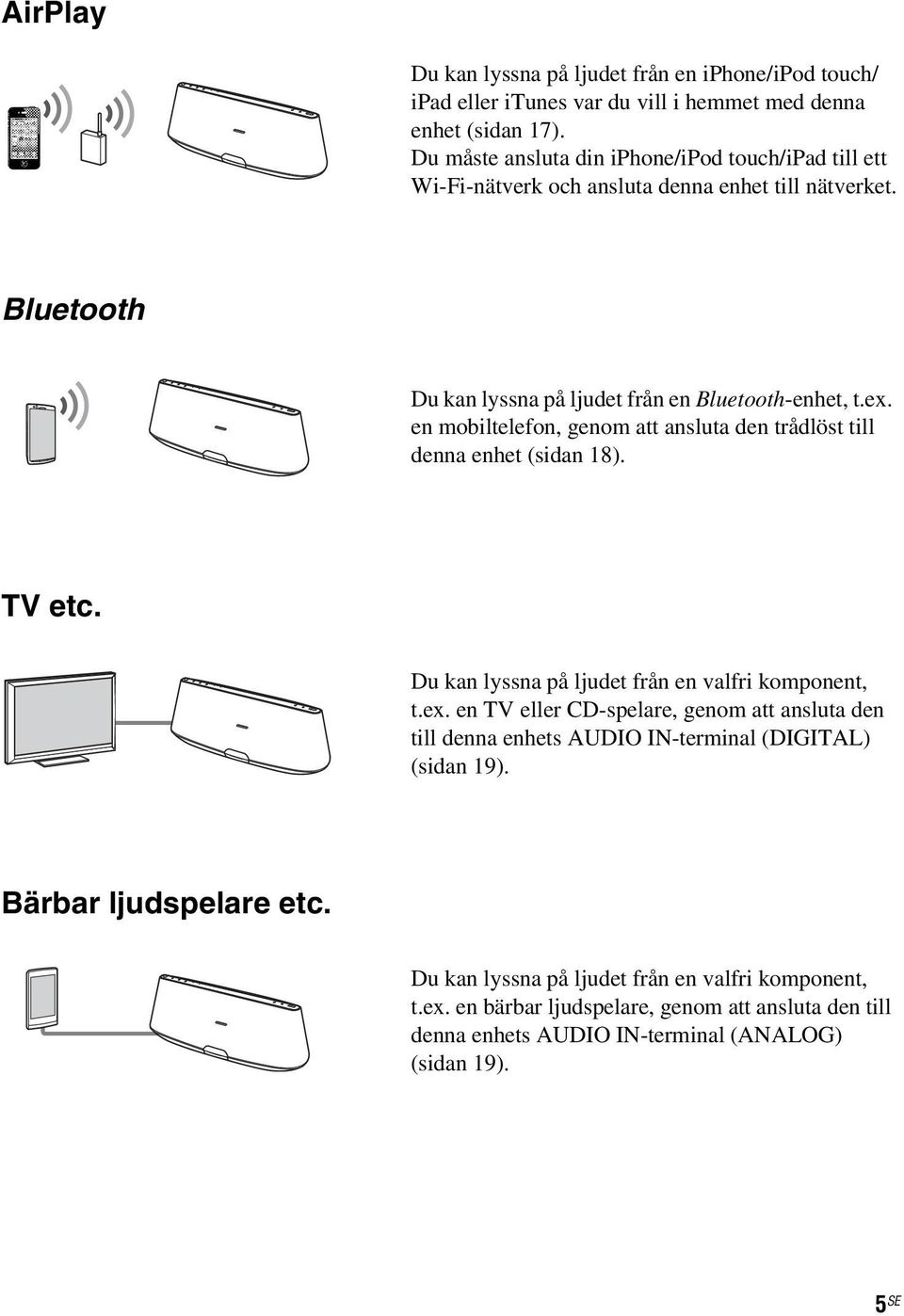 en mobiltelefon, genom att ansluta den trådlöst till denna enhet (sidan 18). TV etc. Du kan lyssna på ljudet från en valfri komponent, t.ex.