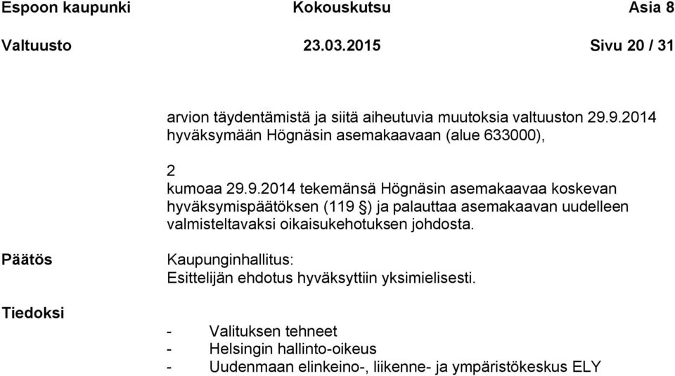 9.2014 hyväksymään Högnäsin asemakaavaan (alue 633000), 2 kumoaa 29.9.2014 tekemänsä Högnäsin asemakaavaa koskevan