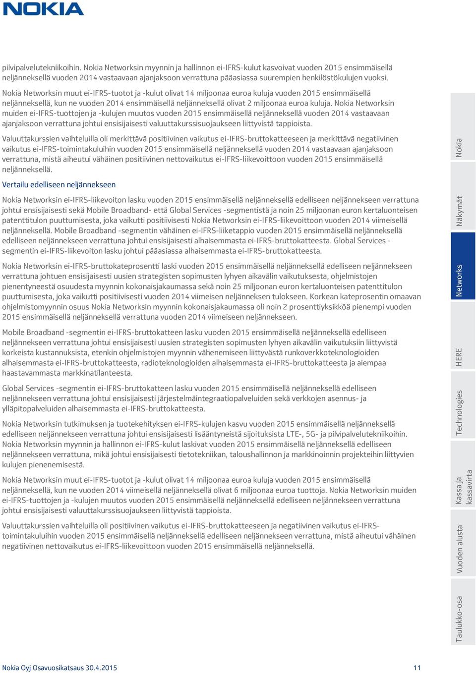 Networksin muut ei-ifrs-tuotot ja -kulut olivat 14 miljoonaa euroa kuluja vuoden 2015 ensimmäisellä neljänneksellä, kun ne vuoden 2014 ensimmäisellä neljänneksellä olivat 2 miljoonaa euroa kuluja.