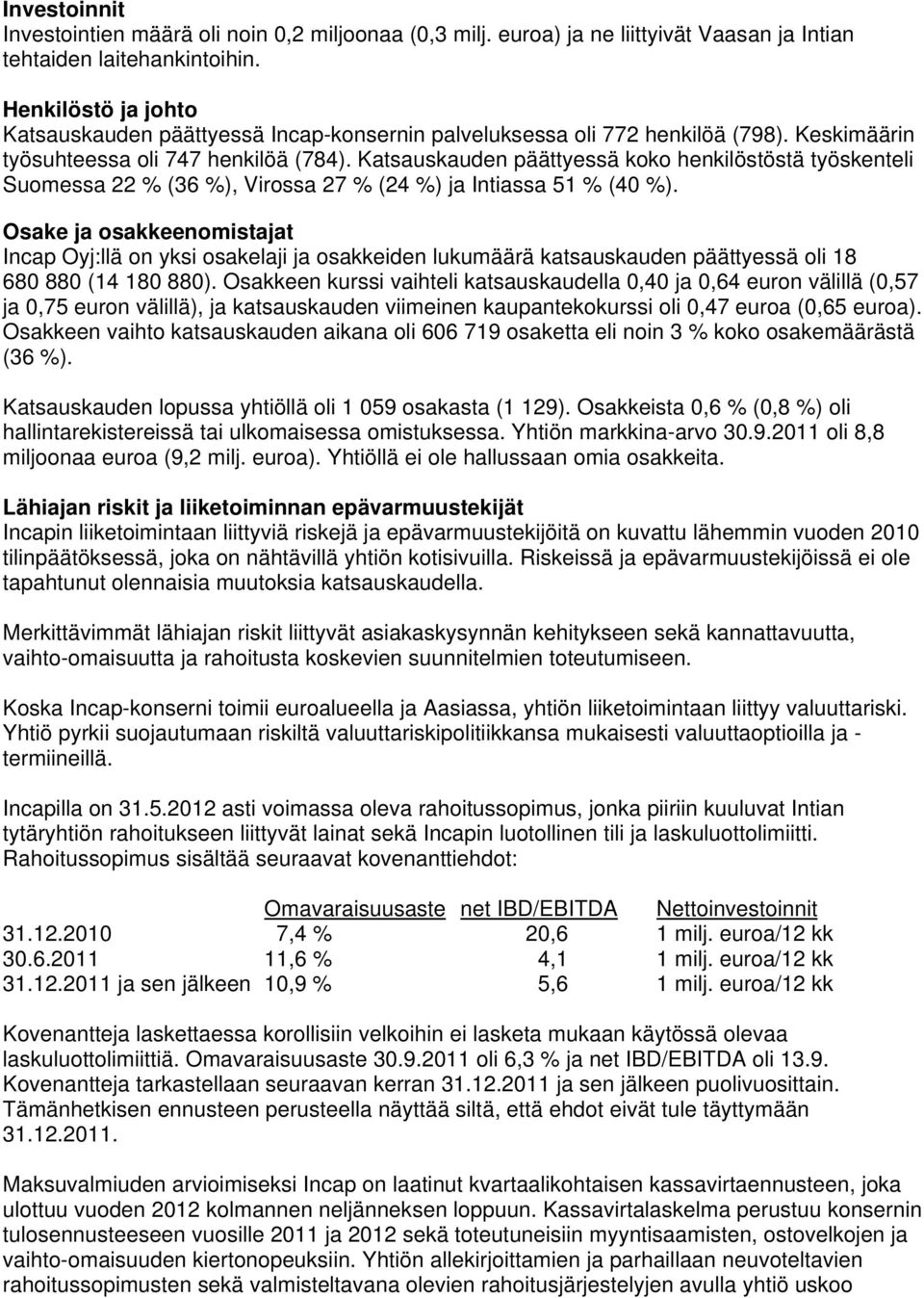 Katsauskauden päättyessä koko henkilöstöstä työskenteli Suomessa 22 % (36 %), Virossa 27 % (24 %) ja Intiassa 51 % (40 %).