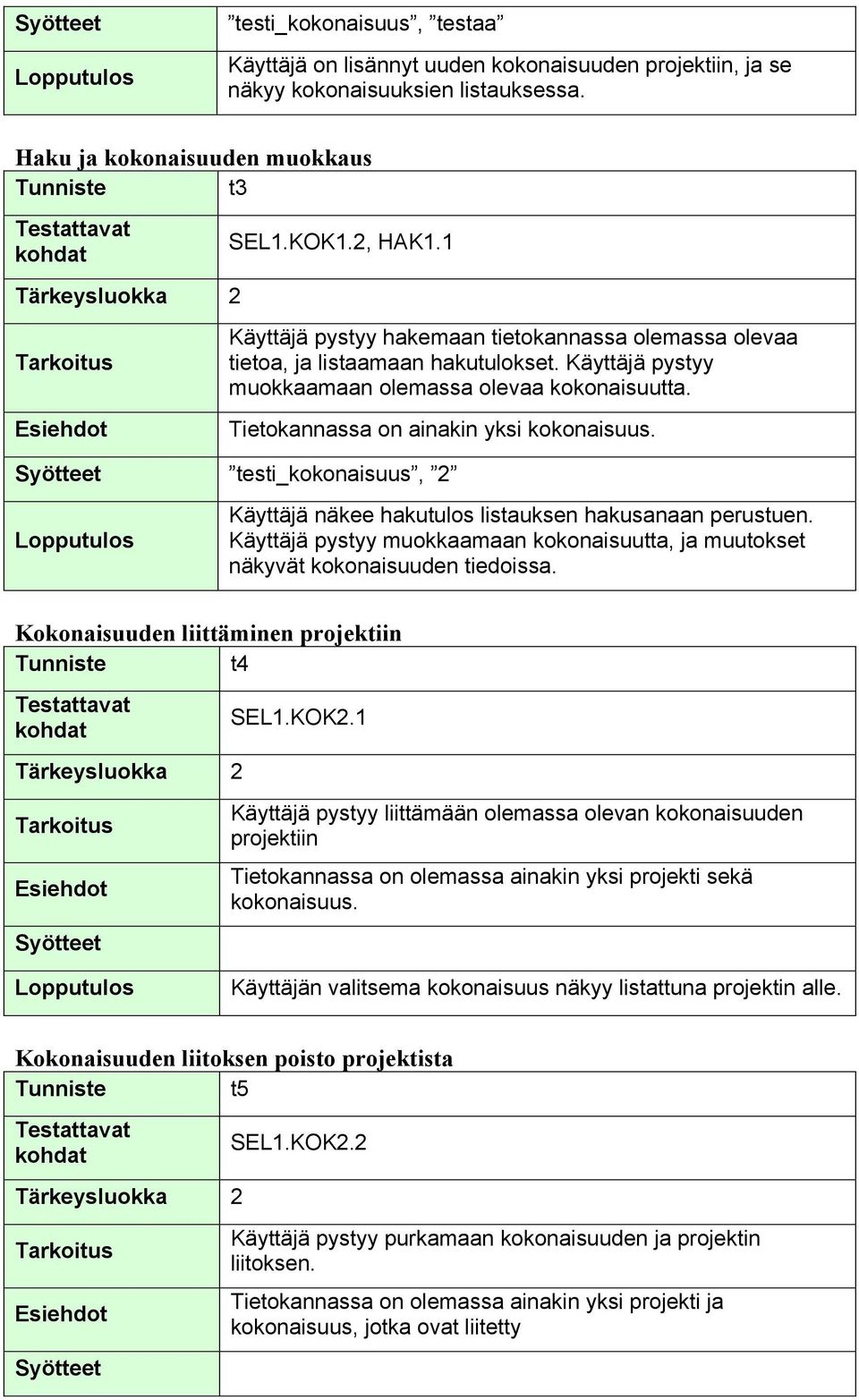 testi_kokonaisuus, 2 Käyttäjä näkee hakutulos listauksen hakusanaan perustuen. Käyttäjä pystyy muokkaamaan kokonaisuutta, ja muutokset näkyvät kokonaisuuden tiedoissa.