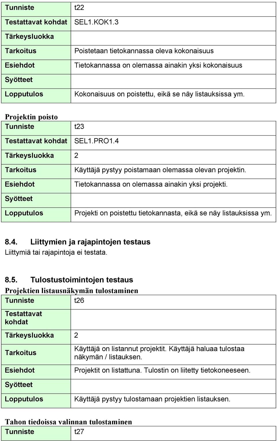 Projekti on poistettu tietokannasta, eikä se näy listauksissa ym. 8.4. Liittymien ja rajapintojen testaus Liittymiä tai rajapintoja ei testata. 8.5.