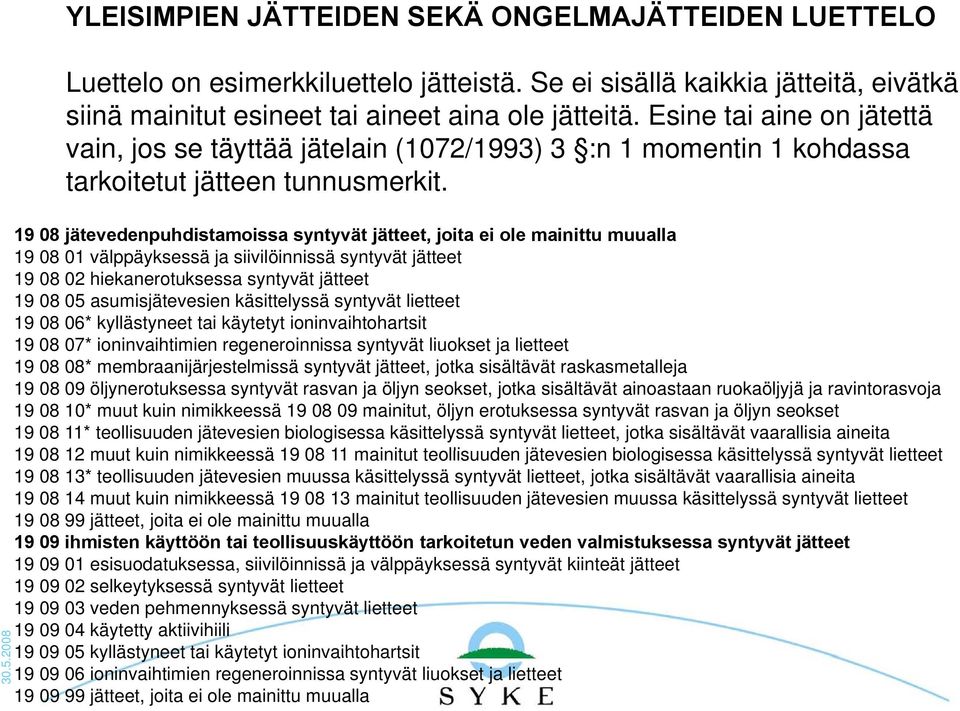 19 08 jätevedenpuhdistamoissa syntyvät jätteet, joita ei ole mainittu muualla 19 08 01 välppäyksessä ja siivilöinnissä syntyvät jätteet 19 08 02 hiekanerotuksessa syntyvät jätteet 19 08 05