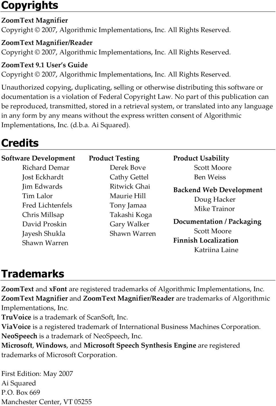 Unauthorized copying, duplicating, selling or otherwise distributing this software or documentation is a violation of Federal Copyright Law.