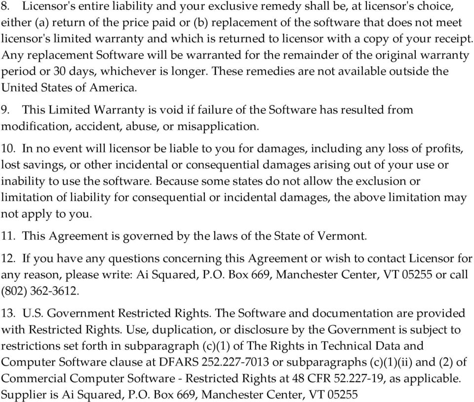 These remedies are not available outside the United States of America. 9. This Limited Warranty is void if failure of the Software has resulted from modification, accident, abuse, or misapplication.