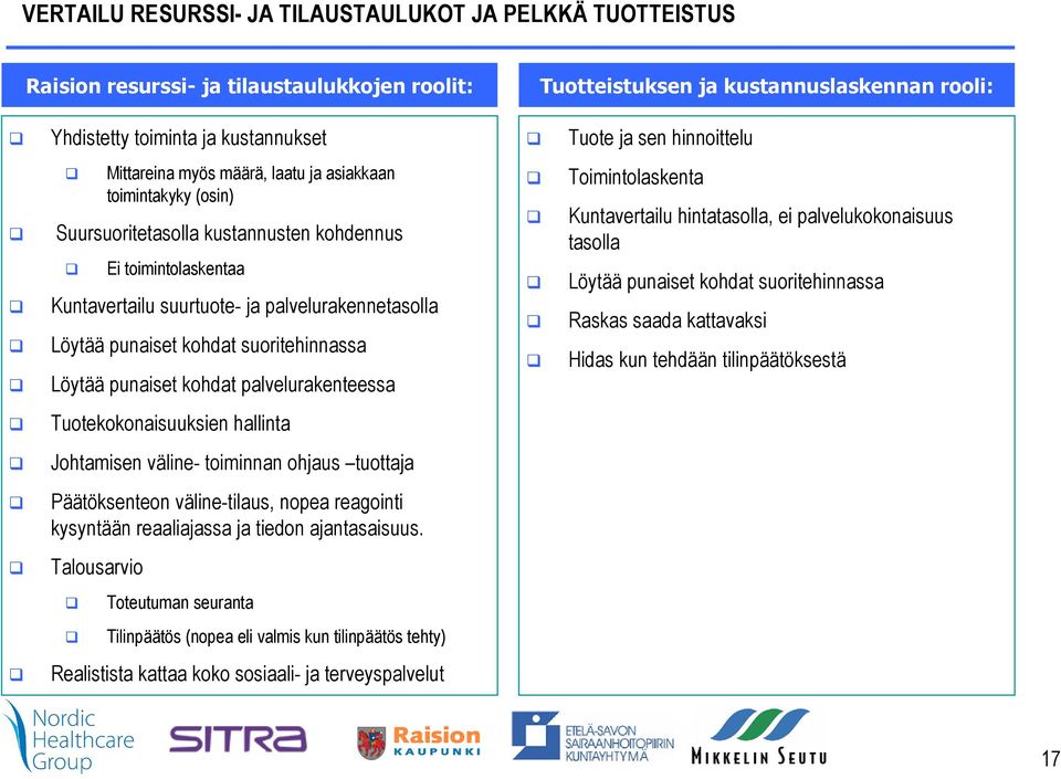 punaiset kohdat suoritehinnassa Löytää punaiset kohdat palvelurakenteessa Toimintolaskenta Kuntavertailu hintatasolla, ei palvelukokonaisuus tasolla Löytää punaiset kohdat suoritehinnassa Raskas