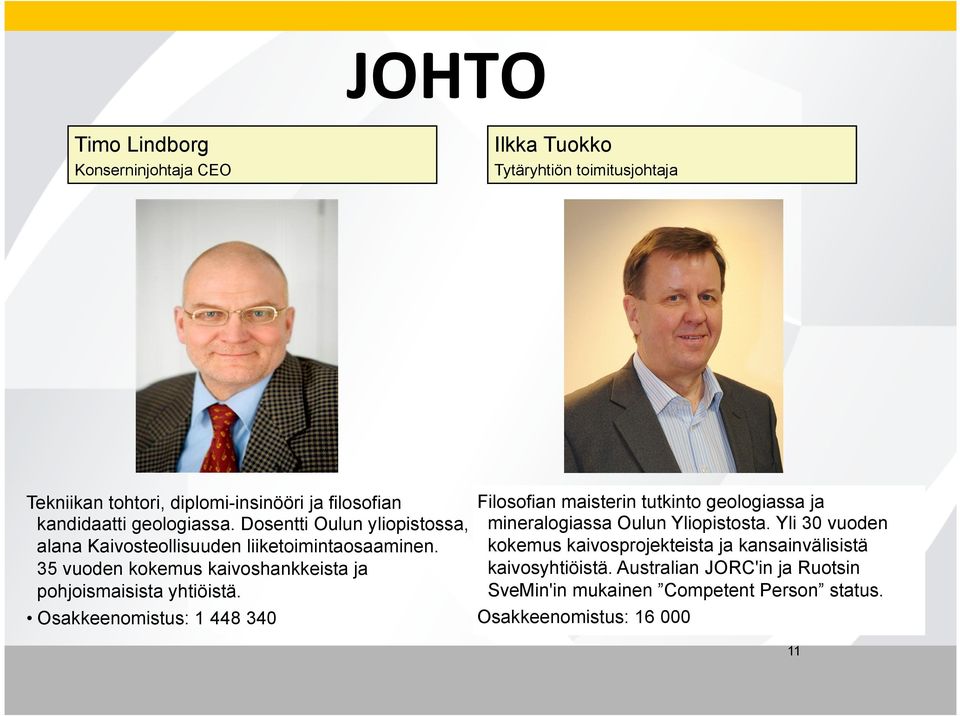 35 vuoden kokemus kaivoshankkeista ja pohjoismaisista yhtiöistä.