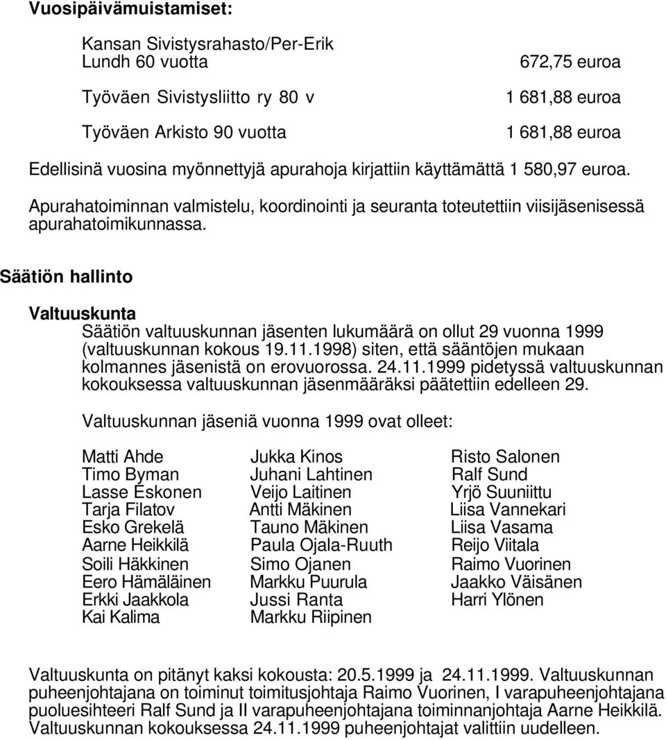 Säätiön hallinto Valtuuskunta Säätiön valtuuskunnan jäsenten lukumäärä on ollut 29 vuonna 1999 (valtuuskunnan kokous 19.11.
