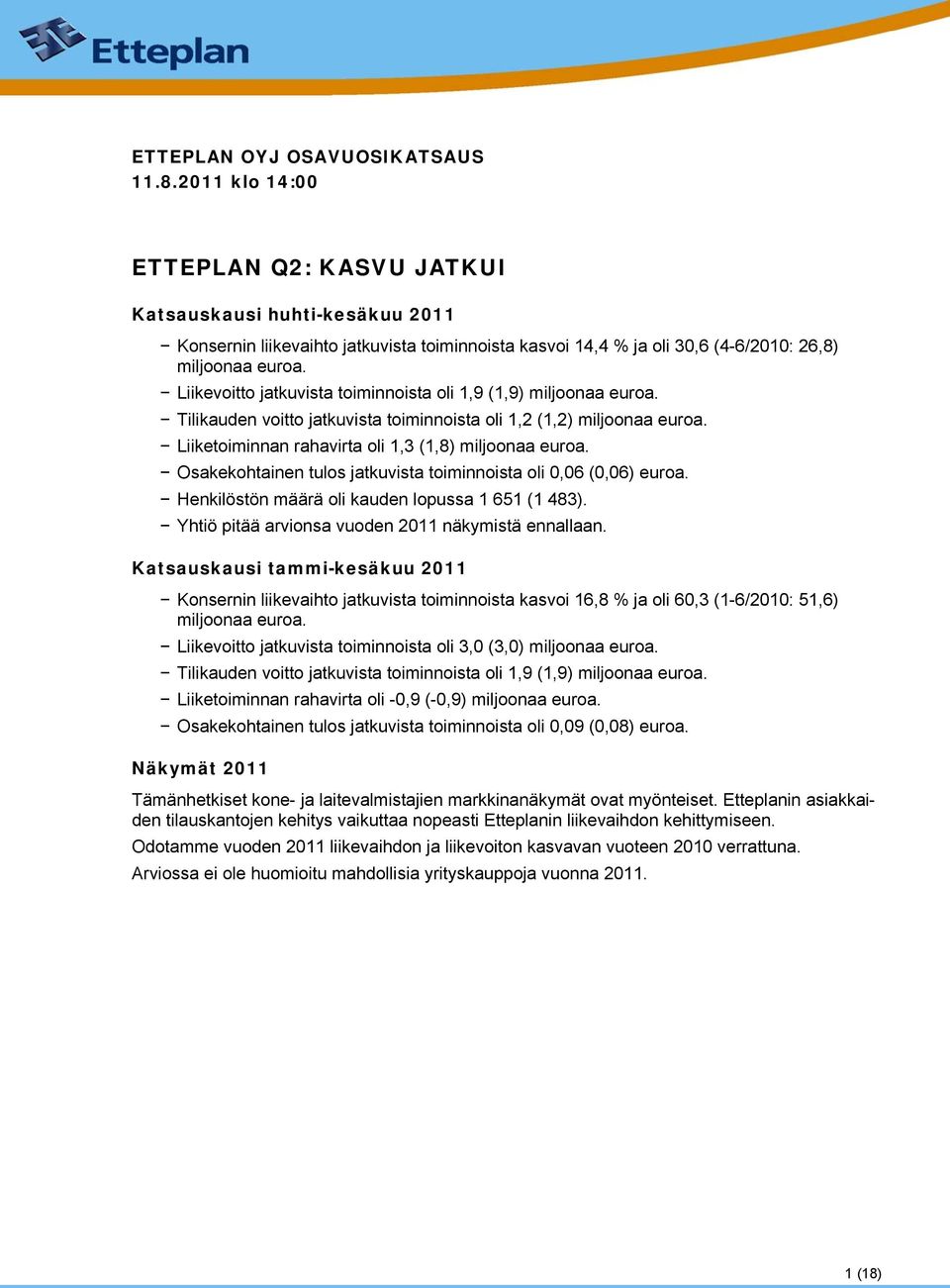 Liikevoitto jatkuvista toiminnoista oli 1,9 (1,9) miljoonaa euroa. Tilikauden voitto jatkuvista toiminnoista oli 1,2 (1,2) miljoonaa euroa. Liiketoiminnan rahavirta oli 1,3 (1,8) miljoonaa euroa.