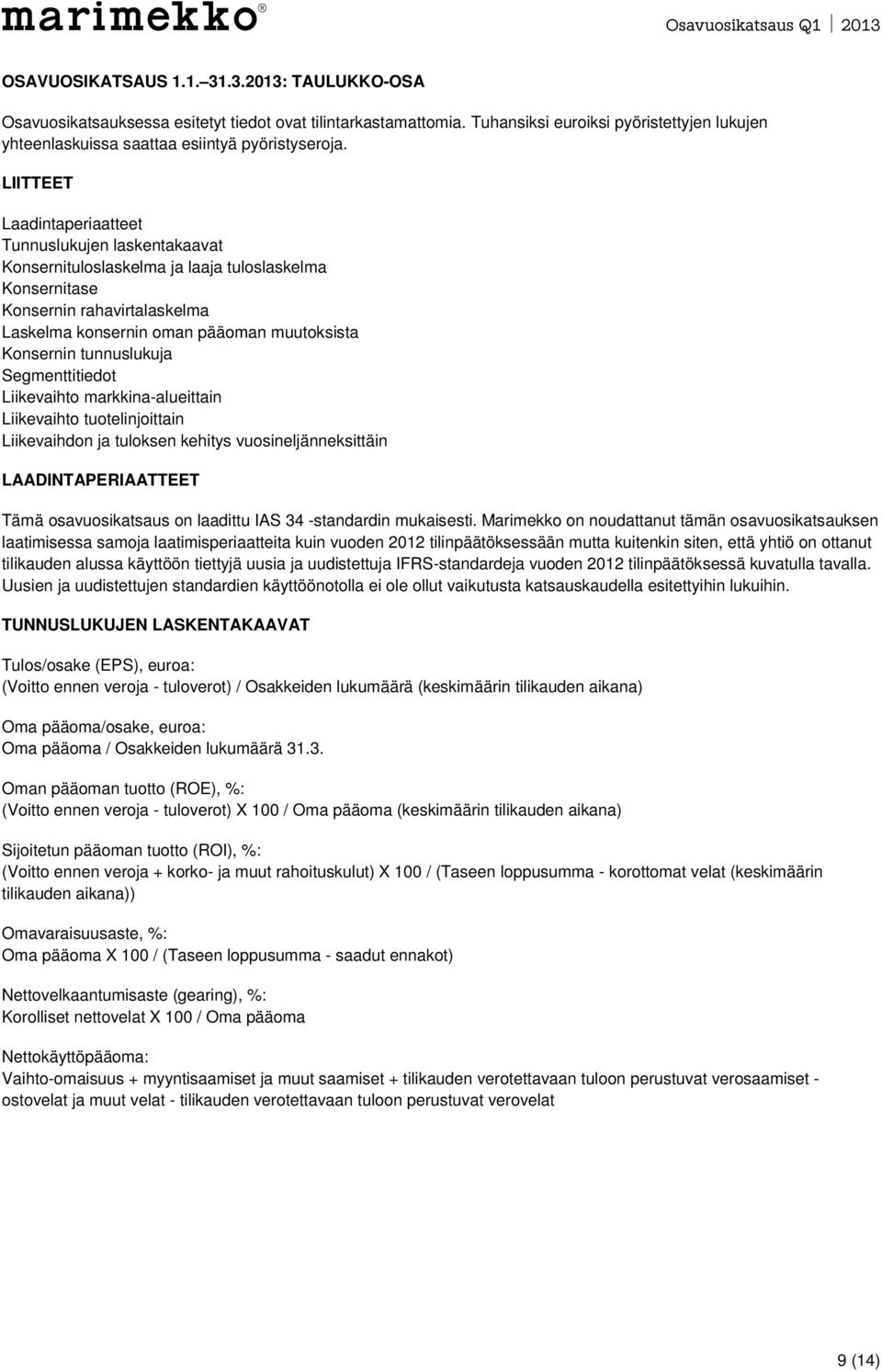 LIITTEET Laadintaperiaatteet Tunnuslukujen laskentakaavat Konsernituloslaskelma ja laaja tuloslaskelma Konsernitase Konsernin rahavirtalaskelma Laskelma konsernin oman pääoman muutoksista Konsernin